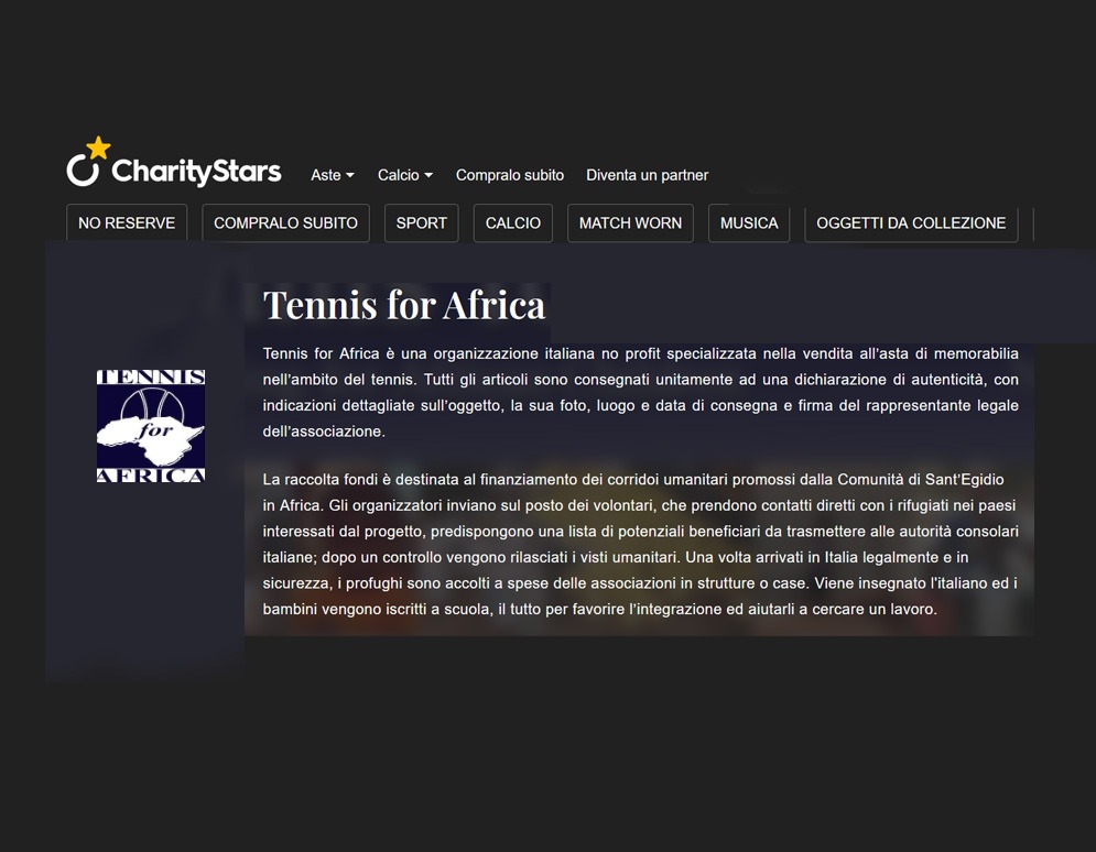Screenshot del profilo Instagram Tennis for Africa con anteprima dei contenuti