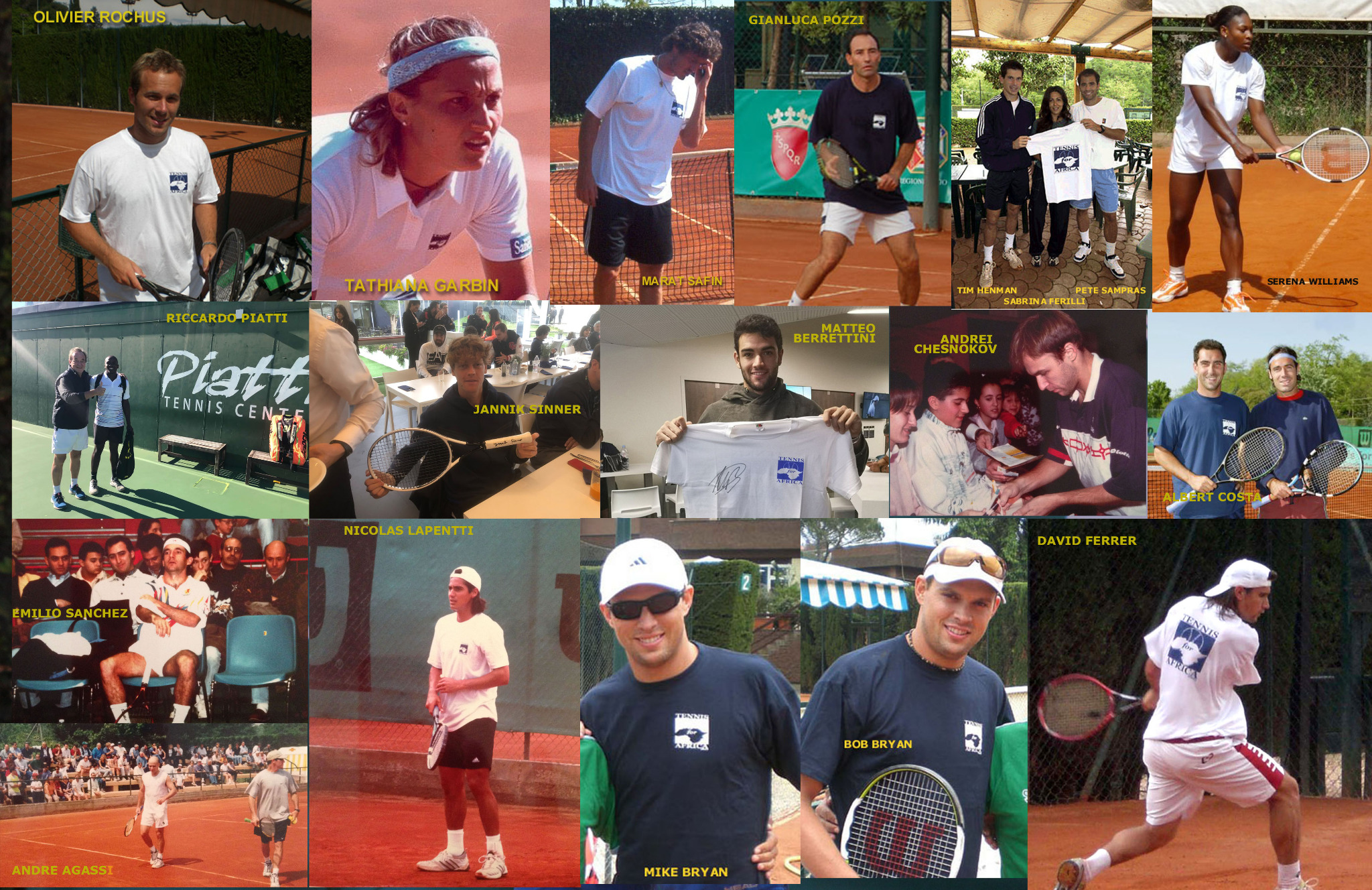 Collage storico di giocatori e iniziative di Tennis for Africa dal 1990 al 2026